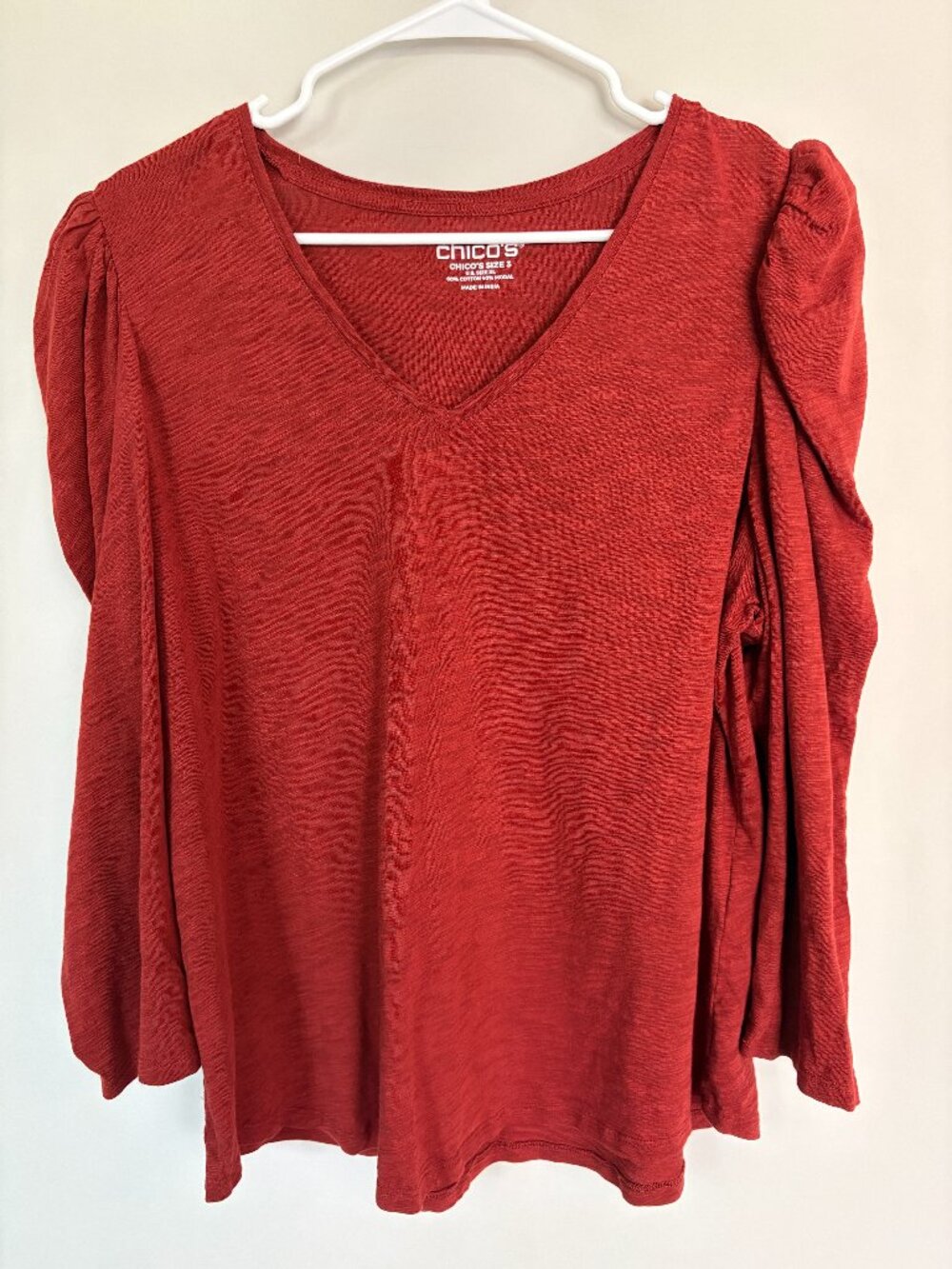 Chico’s Womens XL (Size 3) Red V Neck Top Puff Sleeve Soft Stretch Knit Blouse
